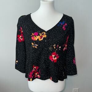 BP. Top Boxy Button Front Flare Sleeve Casual Floral Shirt Womens Medium